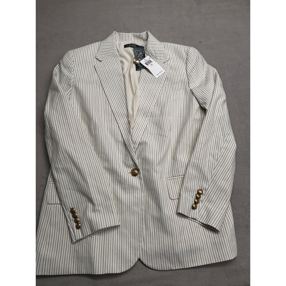 Lauren Ralph Lauren Womens Winter Cream Pinstripe Crest Button Blazer 14 NWT